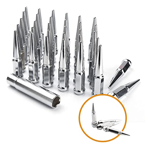 Image of 32PCS 4.4 inch Length 14x1.5 Chrome Wheel Spike Lug Nuts,Cone /Conical Bulge Seat,Closed End Nuts with 1 Socket Key and Gift Set 4 Pcs Chrome Aluminum Tires Valve Stem Cover Caps