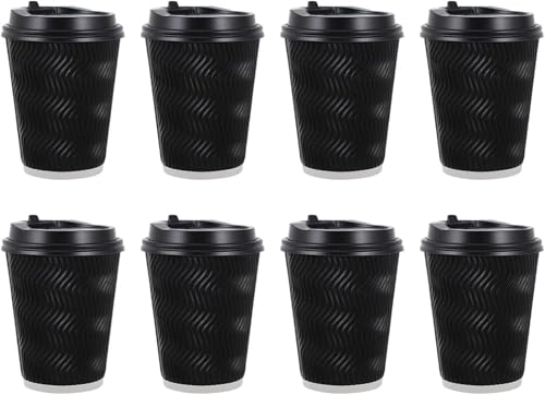 Zdaqian 二重断熱紙コップ 使い捨てドリンクカップ 50個 紙コップ 耐熱 蓋付き コーヒー お茶 ペーパーカップ 厚紙 業務用 ハンドドリップ用 タピオカ ブラック おしゃれ (B ブラック(蓋付き),12oz)
