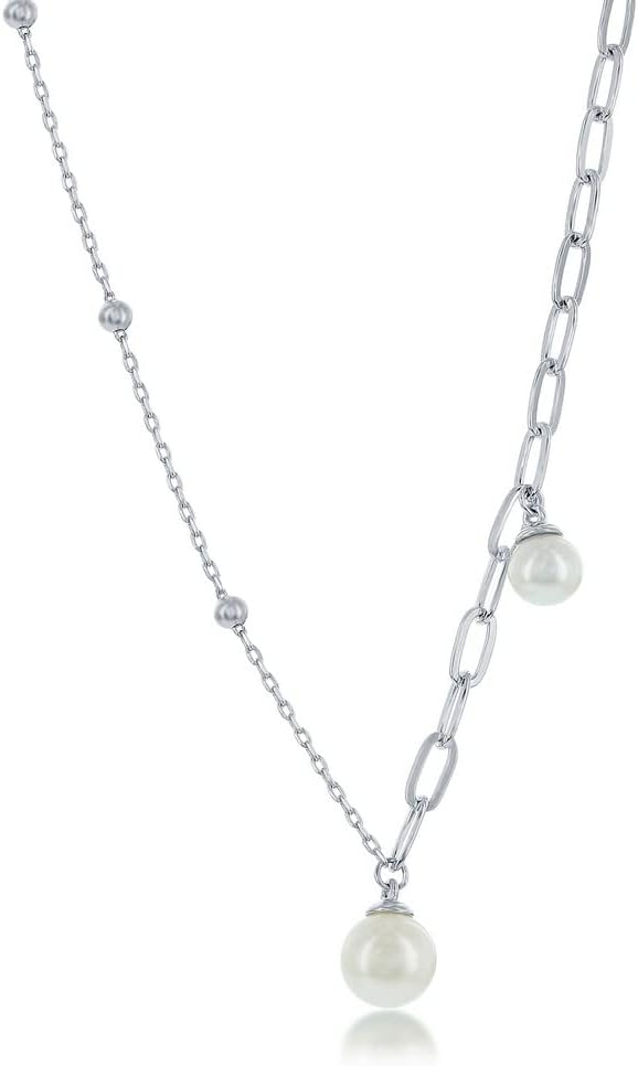 Sterling Silver Trendy Stylish Half Paperclip and Beaded Chain with Freshwater Pearl 16+2” Designer Necklace Silver/14K Gold Plated Sterling Silver Jewelry for Women