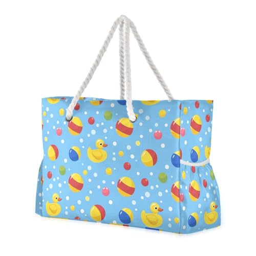 The Duckling in The Bath Sturdy Pocket Tote Bag with side pocketes Rubber Beach Bag Perfect for Travel Pool Swim Beach Vacation Necessities