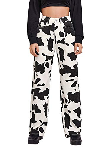 WDIRARA Women's Cow Print High Waist Wide Leg Jeans Casual Long Denim Pants Black and White L