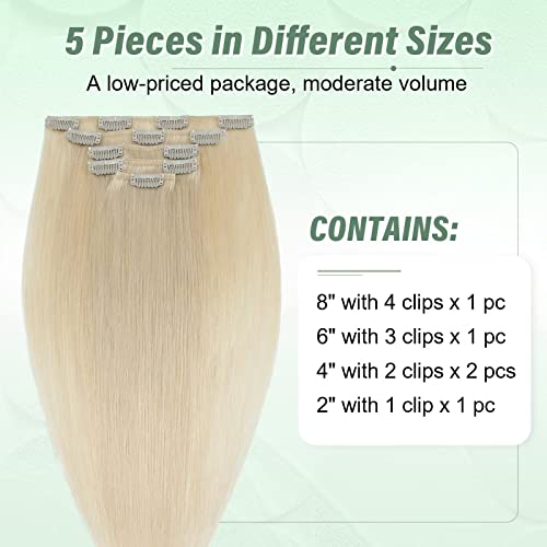 TESS Human Hair Extensions Clip in Real Hair Blonde Remy 5 Pieces Straight Natural Hairpieces for Women/Girls (#60 Platinum Blonde - Image 2