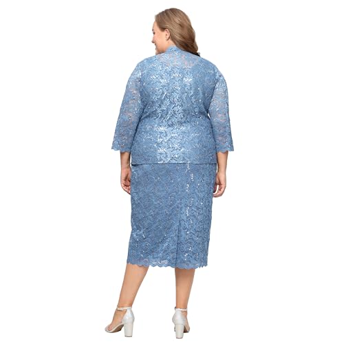Image of S.L. Fashions Women's Tea Length Sequin Lace Mother of The Bride Dress with Illusion Sleeve Jacket