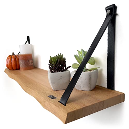 Estantería de pared con cuero - Estante de pared flotante - Con correas de cuero negro - Estantería Industrial - 80x18x1,8 CM