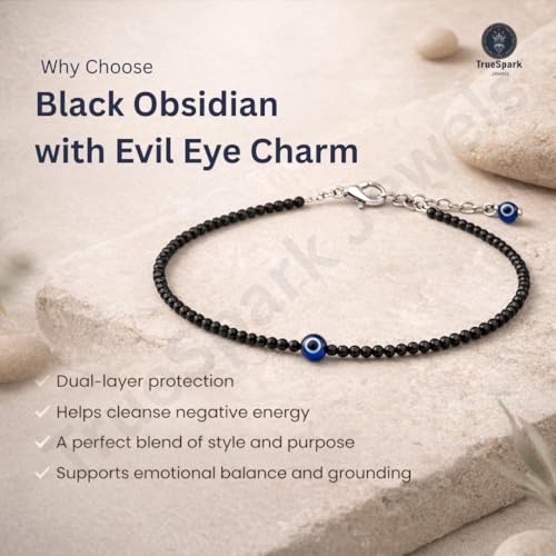 Image of Women's Black Obsidian Anklet with Evil Eye - Adjustable Silver Brass Chain, Fit, Spiritual Protection