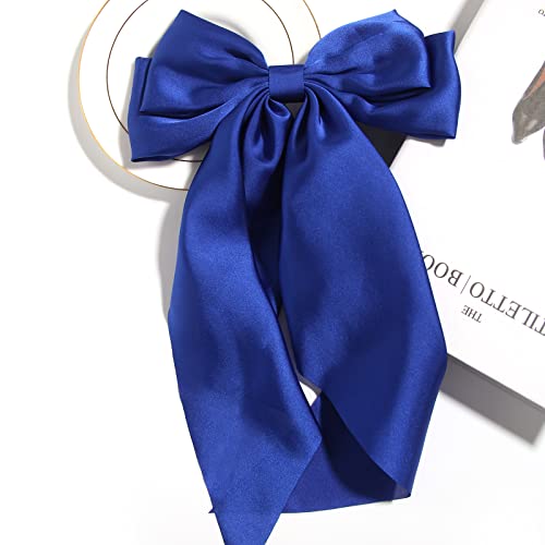 2Pcs Large Hair Bows For Women Big Bow Clip Girl Scarf French Barrette With Long Silky Satin Ribbon Solid Color Bowknot Hairpin Hair Slides Scrunchies Accessories (Purple Royal Blue) #TOP2