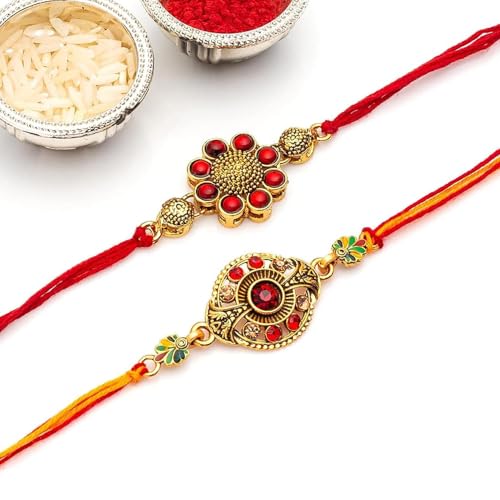 Image of CraftVatika Kundan Rakhi Set for Brother Set of 2, Designer Peacock Rakhi for Brother Boy Men, Premium Kalash Raki for Bhaiya, Traditional Rakshabandhan Rakhis with Best Wishes Card and Tillak Set
