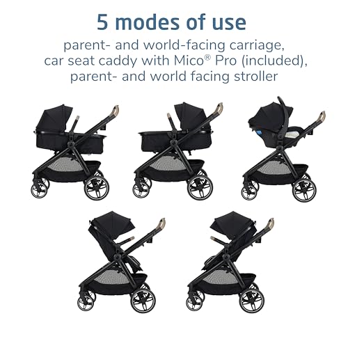 Image of Maxi-Cosi Zelia Pro 5-in-1 Travel System with Mico Pro Infant Car Seat and Baby Stroller Combo, Reversible Seat, Large Wheels, Adjustable Handle, Newborn to Toddler, Lightweight, Caspian Caviar
