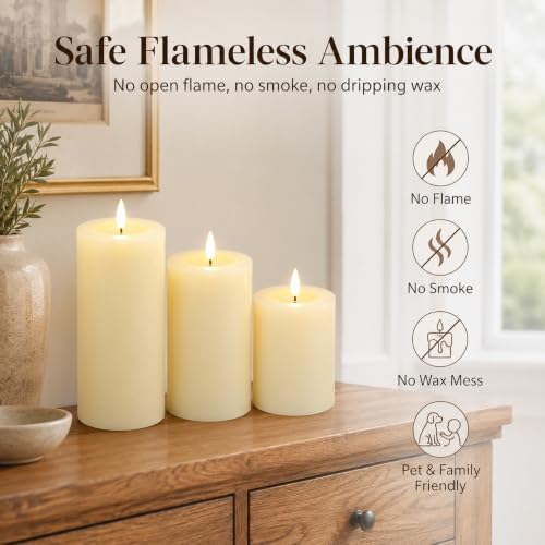 Image of JHY DESIGN Flickering Flameless Candles Battery Operated with 10-Key Remote & 2 /4 /6 /8-Hour Timer, Real Wax Pillar Grease Effect LED Candles Set for Chrismas /Home Decorations(Ivory)