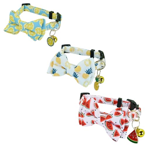 Newtensina Fashion 3 Pieces Cute Fruits Pattern Cat Collar with Lemon Watermelon Pineapple Pendant for Cats
