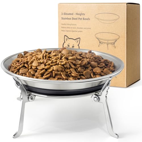 Elevated-Cat-Bowls, 3 Height Adjustable Raised Cat Bowl Stand, 7.5” Raised Cat Bowl Whisker Fatigue Cat Plates Stainless Steel Cat-Dish (10oz Bowl + Stand)