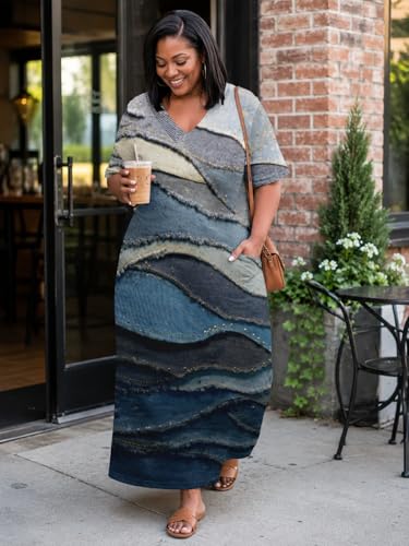 Image of SUZONANA Plus Size Denim Print Maxi Dresses for Women Casual V Neck Short Sleeve with Pockets Soft Jean Look Dress XL-6XL