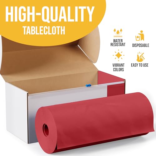 Image of Exquisite Party Solids 54 Inch X 100 Feet Red Plastic Table Cover Roll in A Cut - to - Size Box with Convenient Slide Cutter. Cuts Up to 12 Rectangle 8 Feet Plastic Disposable Tablecloths