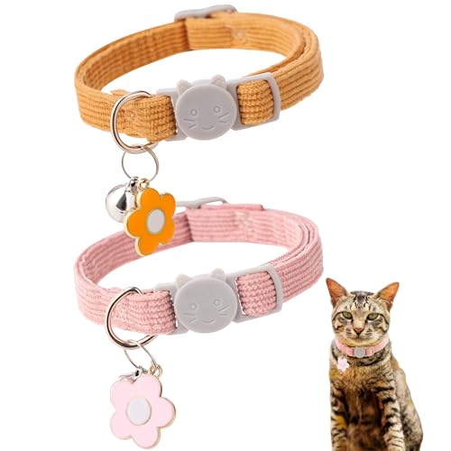 TENICER 2 Pack Cat Collar with Bells, Corduroy Adjustable Kitten Collars with Breakaway Safety Buckle for Boy Girl Cats-Orange Pink