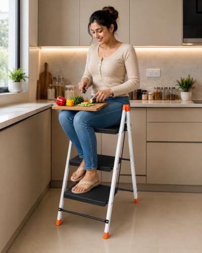 Image of CIPLA PLAST Polo 3 Step Heavy-Duty Foldable Steel Ladder, Non-Slip Steps, for Home, Office, Kitchen & Outdoor Use with Safety Lock, Anti-Slip Steps