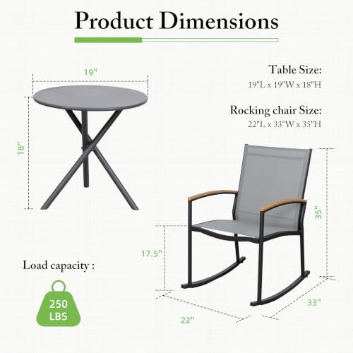 Image of Shintenchi 3 Pieces Patio Rocking Bistro Sets,Outdoor Textilene Fabric Conversation Bistro Set,Front Porch Rocker Chairs Small Patio Furniture Set with Table for Lawn,Garden,Balcony(Light Gray)