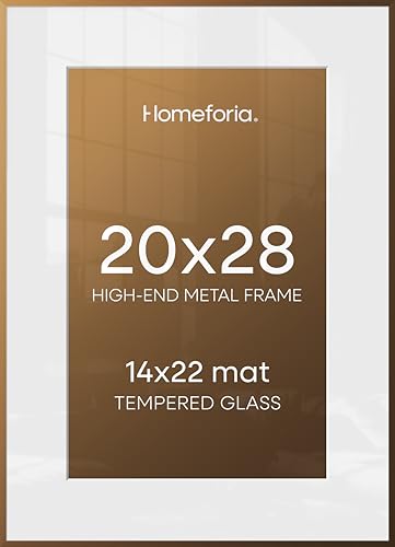 Image of Homeforia Picture 20x28 Bronze Frame, High End Metal 20 x 28 Brass Poster Frames with Mat 14 x 22 for Photo, 20x28 Frame Matted to 14x22 Print, 28x20 Hanging Frames, Tempered Glass, Wall Kit, Set of 2