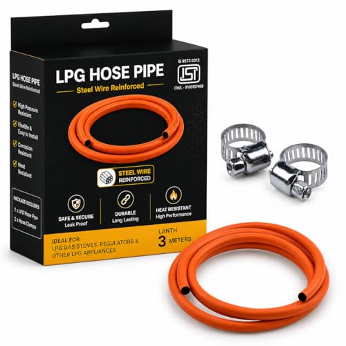 Image of SR LPG Hose Pipe 3 Meter | Flame Resistant & Leak Proof Gas Pipe | Reinforced Steel Wire Inside, Heavy Duty Rubber Outside | with 2 Clamps | LPG Tube for Home Kitchen (3 Meter)