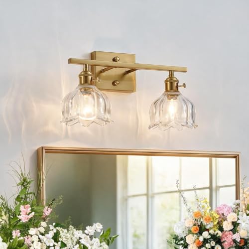 Image of 3-Light Vintage Bathroom Vanity Light, 19.4 inch Brass Hardwired Wall Sconce with Amber Tulip Glass Shades, Brushed Gold Vanity Light for Mirror, Restroom, Bedroom (Clear, 2-Light)