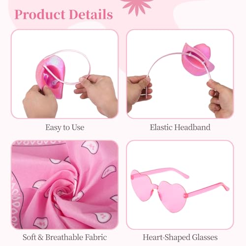 3 Sets Mini Cowboy Hats, Cowboy Hat Headbands Heart Glasses and Bandana Costume Kit, Glitter Western Cowboy Headpiece for Women Men, Pink Cowgirl Party Accessories for Birthday Bachelorette4