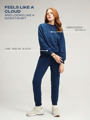 Image of CAVA Essential Sweatshirt for Women | Brushed Fleece, Round Neck, Full Sleeves, Ribbed Cuffs, Embroidery Detail | Cozy Loungewear & Travelwear