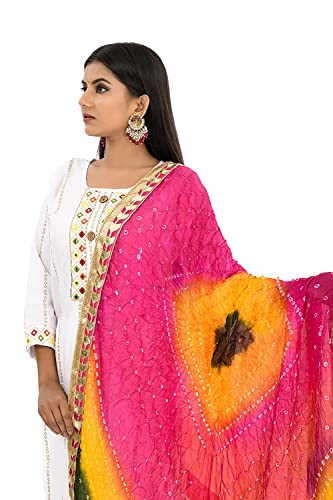 Image of Women's Jaipuri Art Silk Bandhej Rajasthani Bandhani Dupatta with Gota Patti Lace