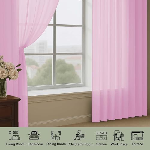 Image of OWENIE Pink Sheer Curtain 90 Inches Long 2 Panels Set, Solid Filmy Drapes for Living Room Bedroom, Elegant Window Voile Sheer Curtain Panels Drapes, 2 Pcs, Each 59 inch Wx90 L Inch