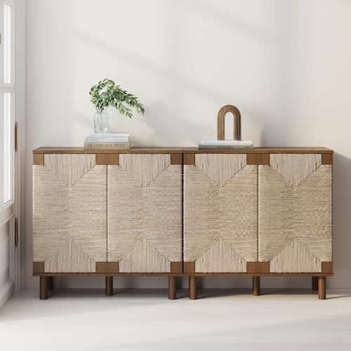 Image of Nathan James Beacon Boho Accent Cabinet with Doors, TV Stand with Adjustable Interior Shelf and Seagrass Accent, Dark Brown, Set of 2