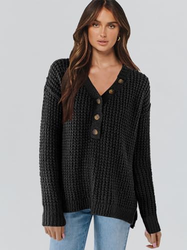 Anrabess Womens Oversized Sweater Long Sleeve Loose V Neck Button Jumper Casual Waffle Side Slit Knit Pullover 2024 Clothes Black Small thumb #6
