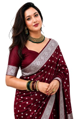 Image of Women's Glory Banarasi Satin Silk Saree with Rich Gold Silver Zari Floral Embroidery | Kanjivaram Style | Traditional Wedding & Festive sadi with Contrast Border