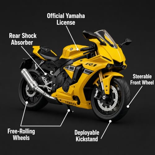Image of Wizplex MSZ Yamaha YZF-R1 1:18 Scale Officially Licensed Die Cast Metal Bike - Superbike Model with Steerable Wheel, Rear Suspension & Kickstand, Collectible Showpiece for Kids 6+ & Enthusiasts