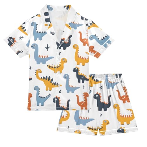 ALAZA Dinosaur Leaf Animal White Satin Pajamas Set Short Sleeve Button Down Sleepwear Summer Pjs 2 Piece