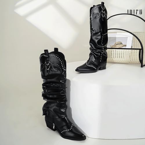 IDIFU IN2 Fold Over Cowboy Boots for Women Cowgirl Knee High Western Embroidered Pointed Toe Slouchy Low Short Block Chunky Heel Zipper Comfort Fashion Cute Trendy Prom Dressy Fall Boots 6