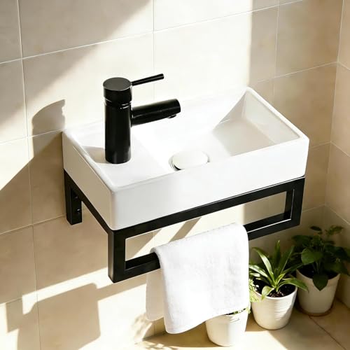 NUESTRA VIDA Lavabo de Cerámica para Baño de Invitados 40x22 cm - Compacto con Rebosadero y Estructura Metálica Negra Mate - Ideal para Espacios Pequeños