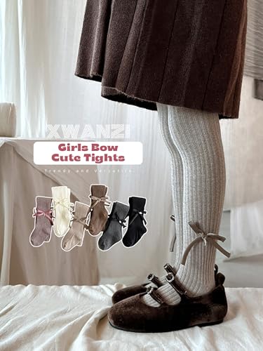 Girls Tights Cotton Knit Soft Bow Decoration Ribbed Lines Plain Ballet Dance Fashion Leggings for Girls 1 Pair4