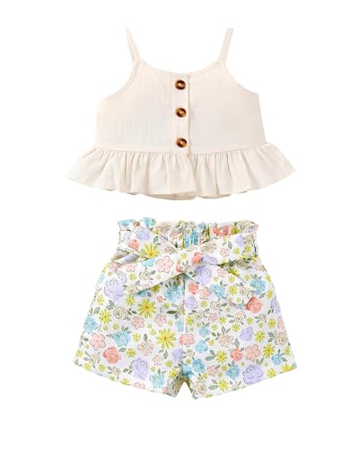 Kucnuzki Toddler Baby Girl Clothes Summer Outfits Ruffle Sleeveless Linen Shirt Kid Short Set for Girl (9-12 Months, White)