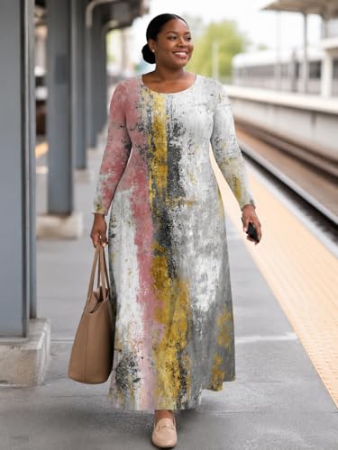 Image of PinkPatty Plus Size Maxi Dress for Curvy Women Crew Neck Long Sleeves Casual Dress Vacation Sundresses with Pockets