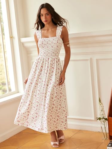 Image of CIDER Womens Floral Smocked Dresses Square Neck Long Midi Sundress