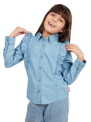 Image of olele Girls Full Sleeve Ruffles Cotton Linen Shirt - White for 4 to 14 Years | Kids Girl White Shirt | White Ruffle Shirt for Girls | Shirt Jeans