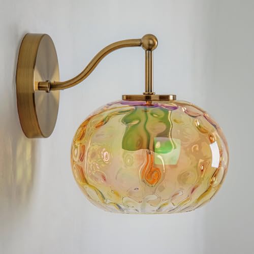 Image of Gold Wall Sconce Light Amber Hammered Glass Vanity Lighting Brushed Brass Champagne Wall Lamp for Bathroom Over Mirror