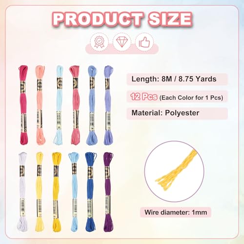 Image of PATIKIL 12 Skeins Embroidery Floss Polyester Embroidery Threads Bracelets String for Cross-Stitch Hand Embroidery, Bright Colors