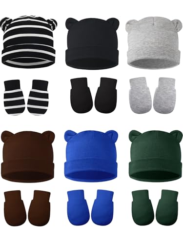 Image of Geyoga 12 Pieces Newborn Hat Mittens Gloves Set Baby Boys Girls Cotton Baby Beanie for 0-12 Months