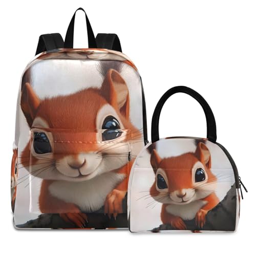 Curious Animal Print Backpack Set with Lunch Bag, Large Capacity Travel Backpacks and Lunch Box Insulated for Commute Hiking Picnic