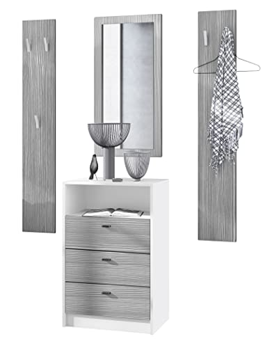 Vladon Garderoben-Set Pino V2, Made in Germany, 2 Wandpaneele 140 cm und Anrichte mit 3 Schubladen & 1 offenem Fach, Weiß matt/Avola-Anthrazit (56 x 86,5 x 36 cm)