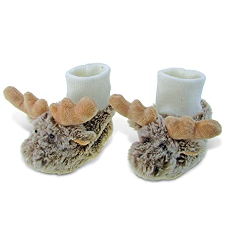 Puzzled DolliBu Brown Moose Soft Plush Baby Shoes - Soft & Fluffy Wild Life Fleece Unisex Footwear with Stuffed Animal Moose for Baby Boy or Girl -...