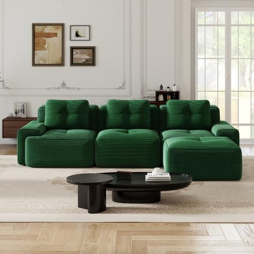Image of 117 inch L-Shaped 3-Seater Modular Boneless Couch with Ottoman, Soft Corduroy Cloud sectional Sofa, Deep Seat Ergonomic Design, No Assembly Anti-Slip Sofa for Living Room, Green