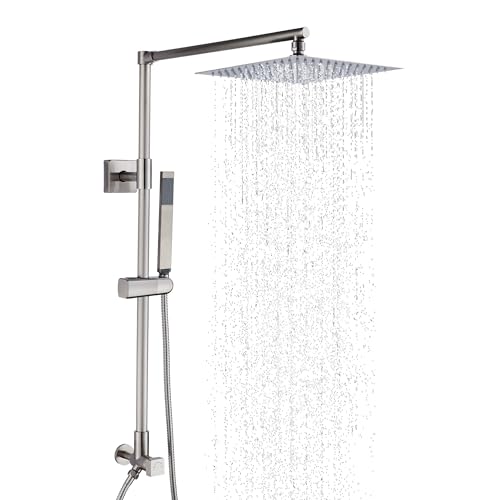 Fennocasa Polaris Lux Rain Shower System, includes 10” Square Rainfall Shower Head and Handheld Shower Combo, Height Adjustable Spray Holder, Retrofit, 60” Hose (2.5 GPM Brushed Nickel)