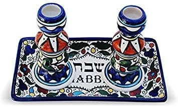 Colorful Ceramic Candlesticks with Matching Plate for Shabbatand Holidays Jerusalem Pottery