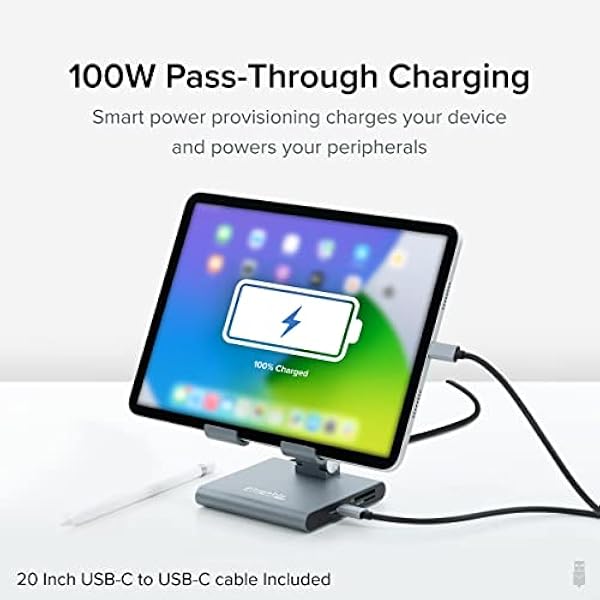 Plugable 8-i-1 USB C-dockningsstation för iPad med stativ, 100 W genomströmningsladdning USB-C-hubb, 1 x HDMI, 2 x USB, ljud och SD, kompatibel med Windows, iPadOS, USB-C-telefoner och surfplatta