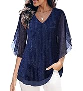 SeSe Code Womens Ruffle 3/4 Sleeve Mesh Blouses Loose Flowy Tops Stretchy Shirts